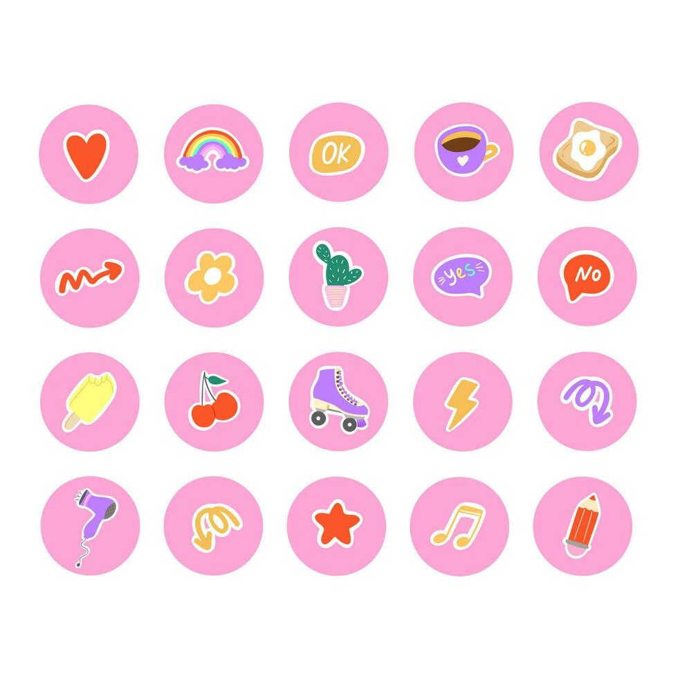 Collection of trendy icons. Cute stickers - love, roller skate, flower, cup, toast, rainbow. Retro elements on pink background. Objects for scheduler or organizer. Isolated vector illustration