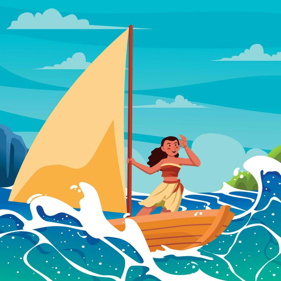 Hawaiian Girl Sailing with Her Boat vector