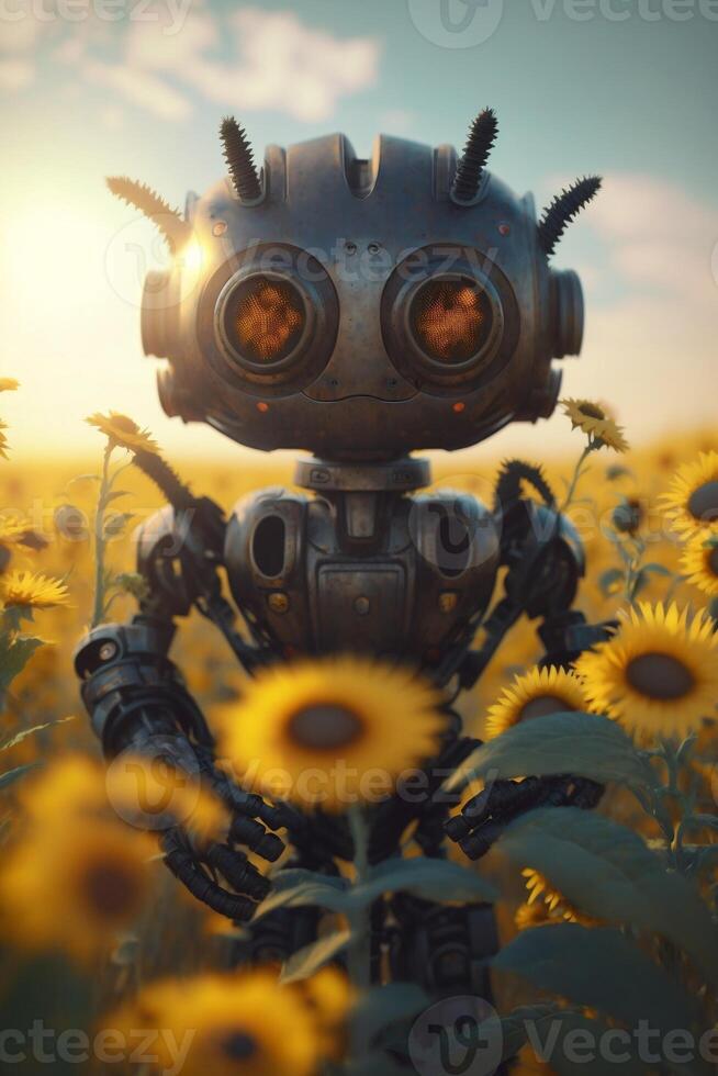 robot in sunflower field, beautiful, technology, photo