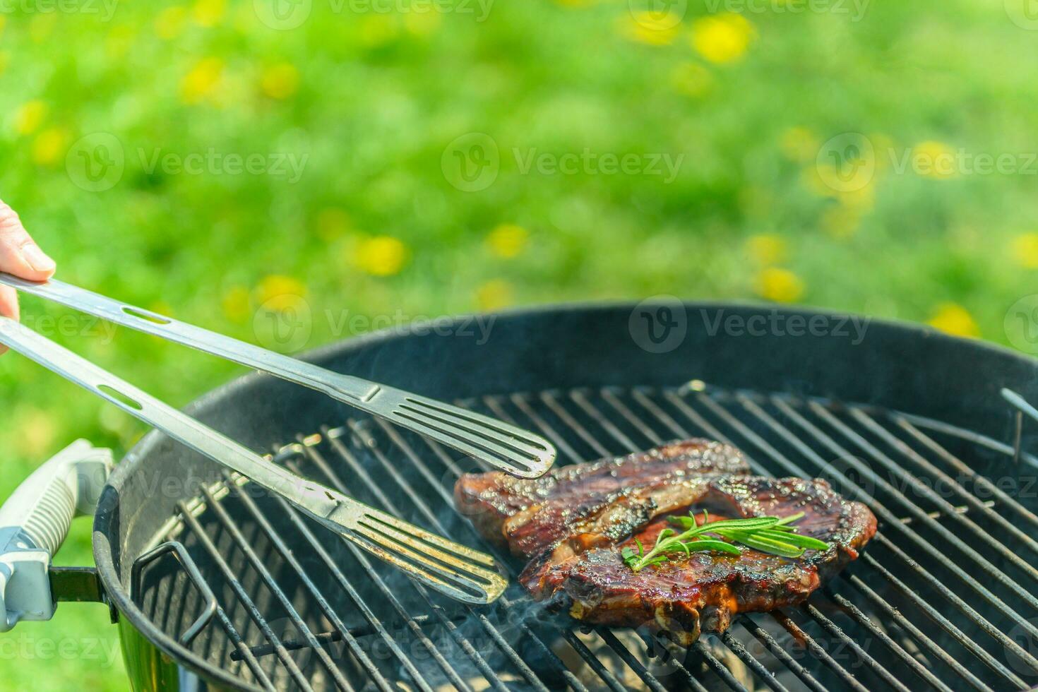 Juicy delicious sirloin roasting on a grill in spring sunlight photo
