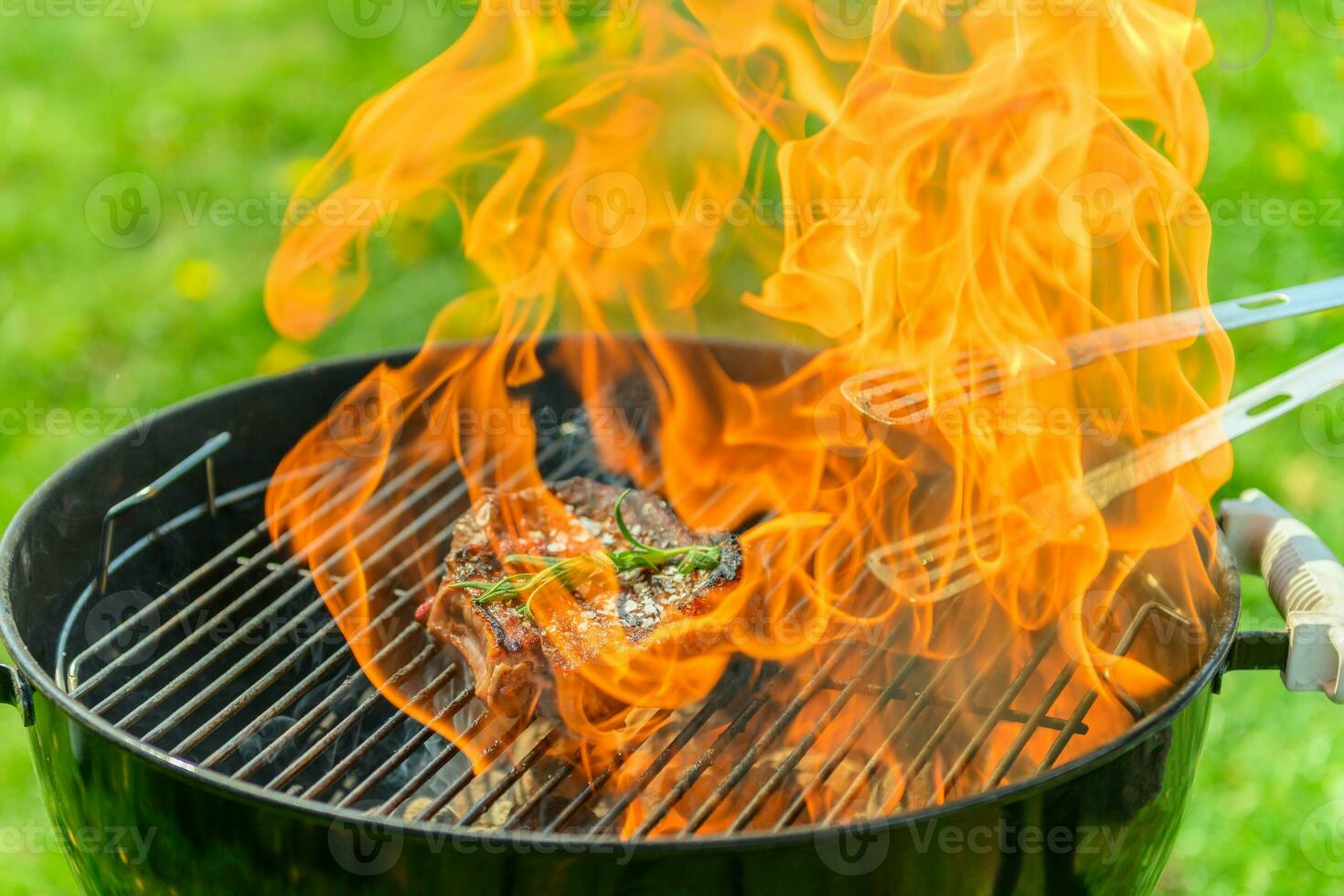 Big delicious steak roasting on a barbecue with a lot of fire photo