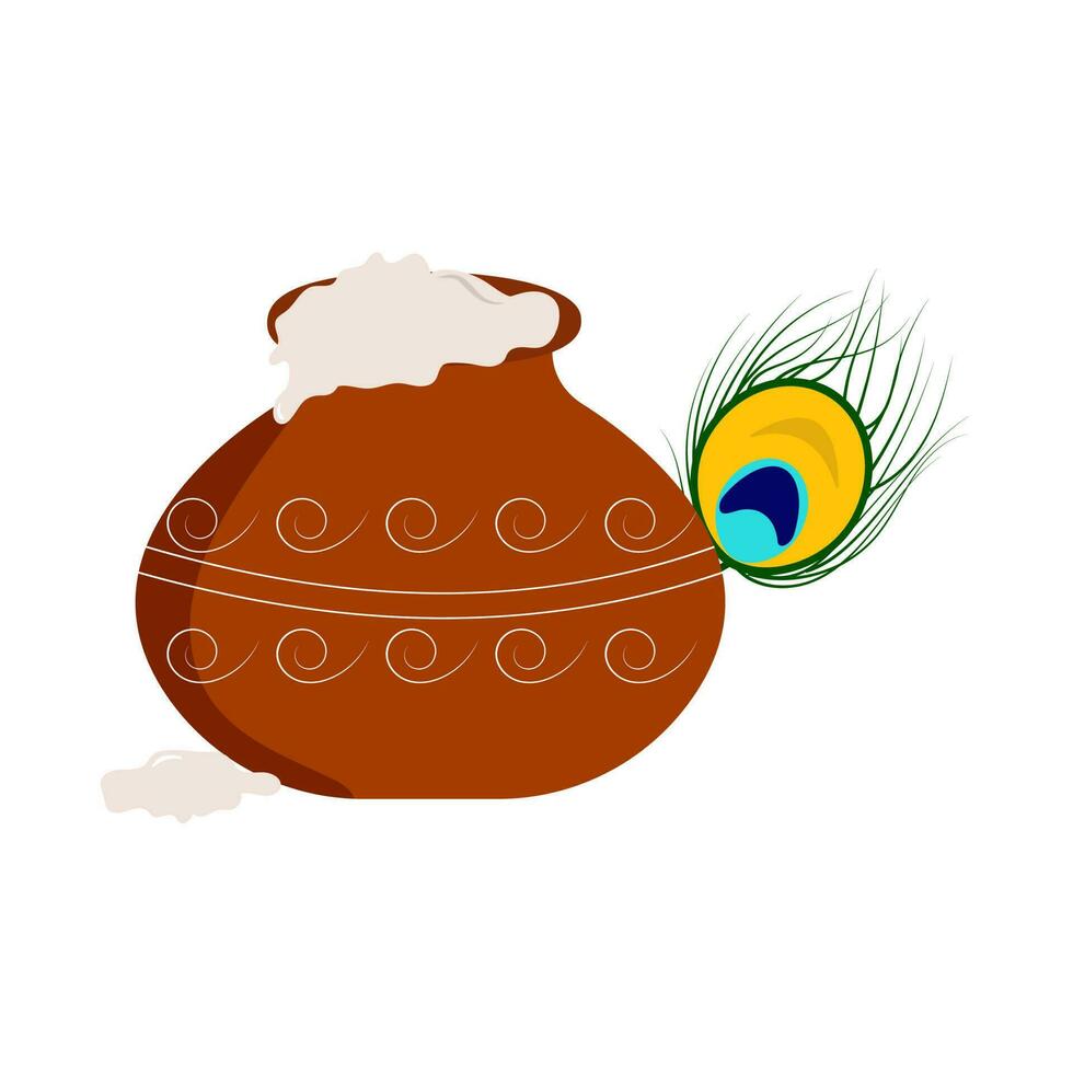 Isolated Butter Pot With Peacock Feather Over White Background. vector