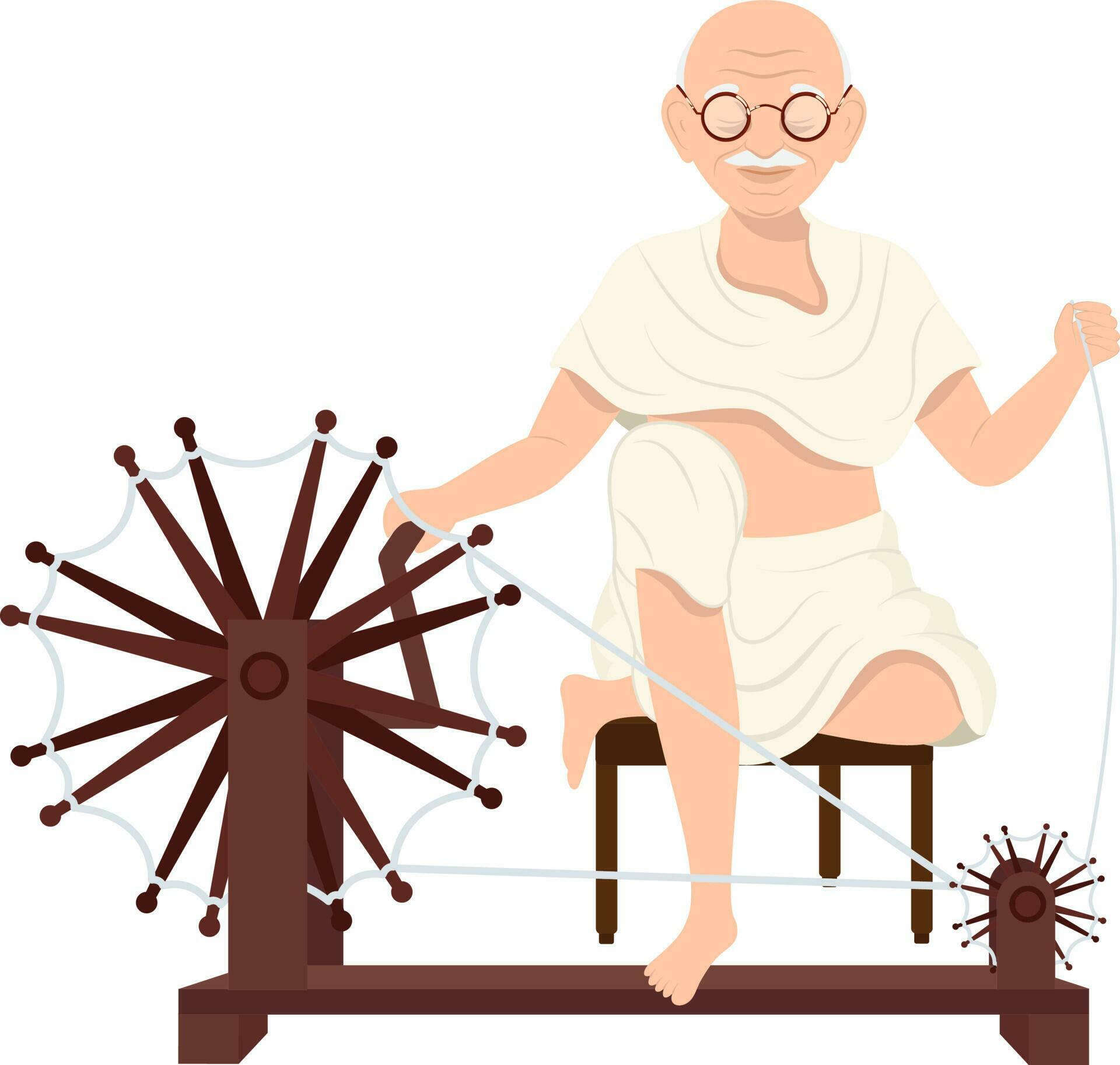 Character Of Mahatma Gandhi Bapu Spinning Charkha On White Background