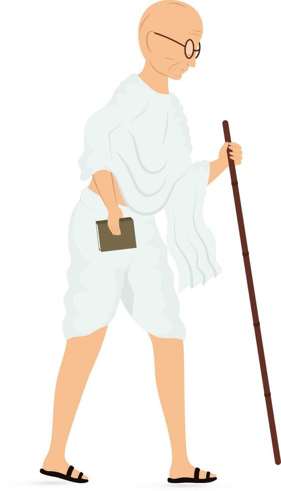 Side View Of Mahatma Gandhi Bapu Standing With Stick On White Background. vector