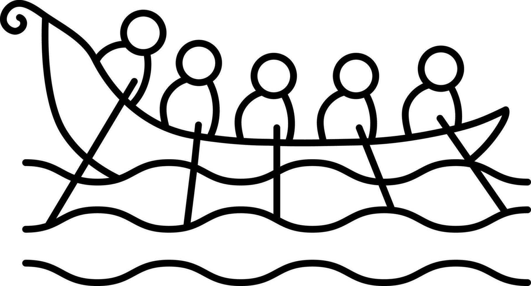 Black Line Art Of People Boating Snake Boat Icon Or Symbol. vector