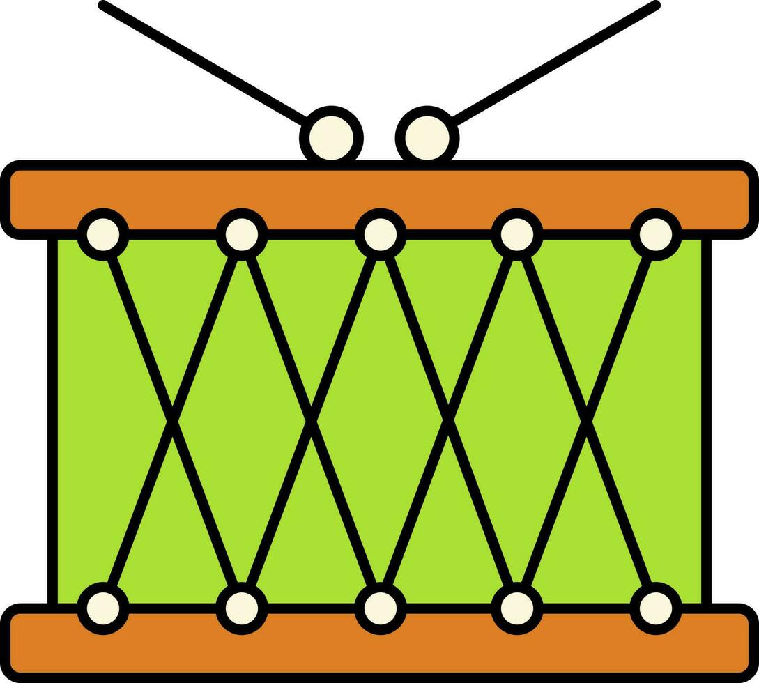 Snare Drum With Sticks Flat Icon In Orange And Green Color. vector