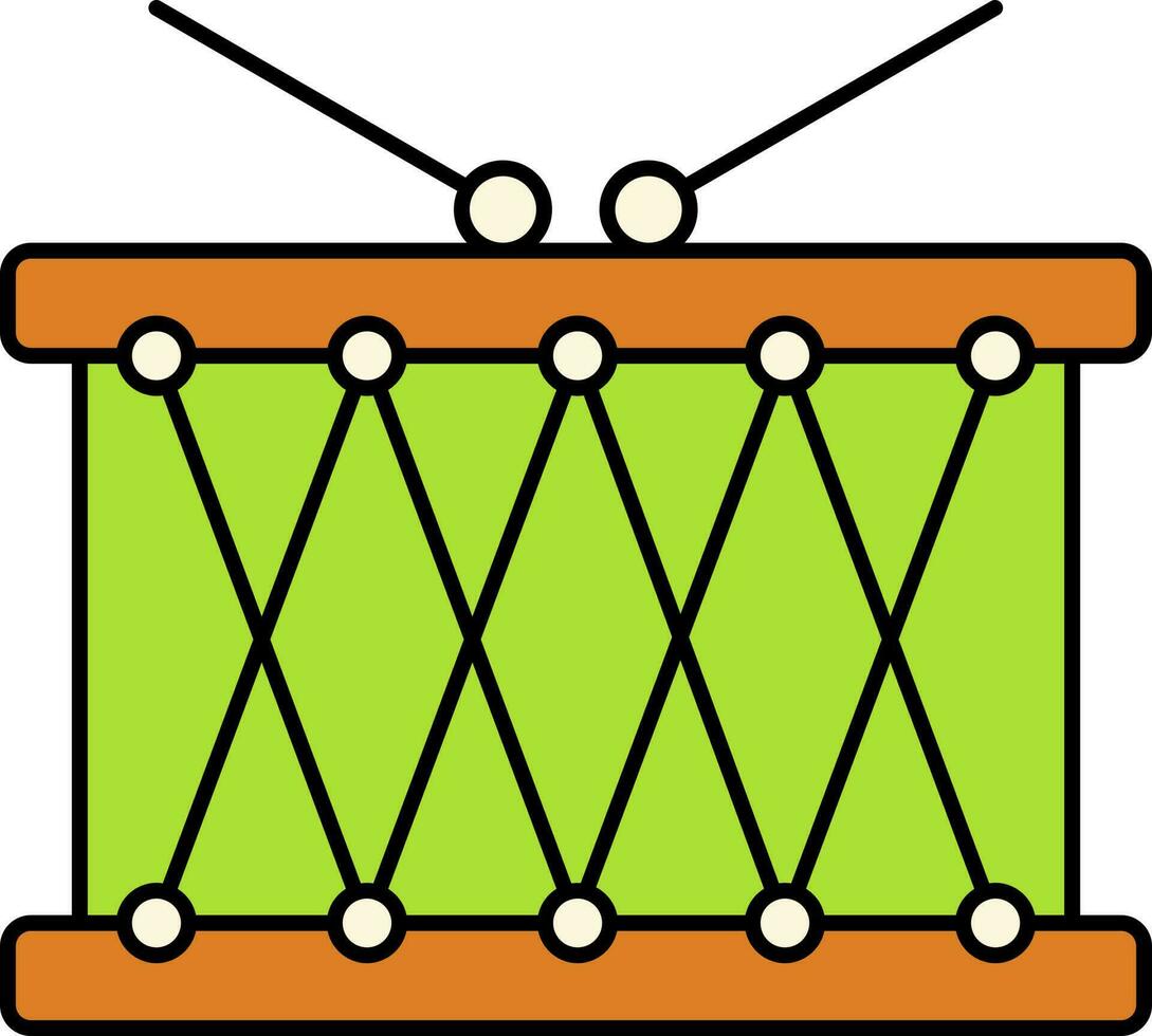 trampa tambor con palos plano icono en naranja y verde color. vector