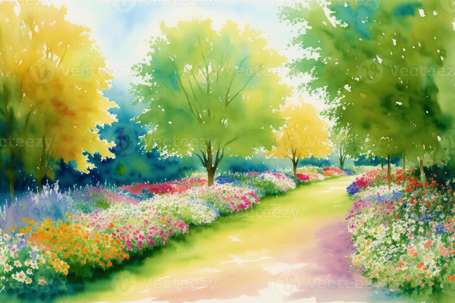 Tranquil Summer Scenery. A Watercolor Painting of Park, Lake, field and River. photo