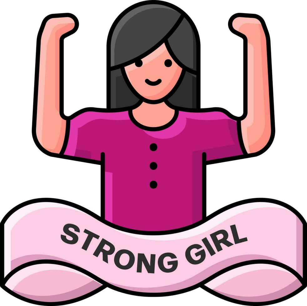 Strong Girl Text Ribbon With Girl Power Icon In Pink Color Flat Style. vector