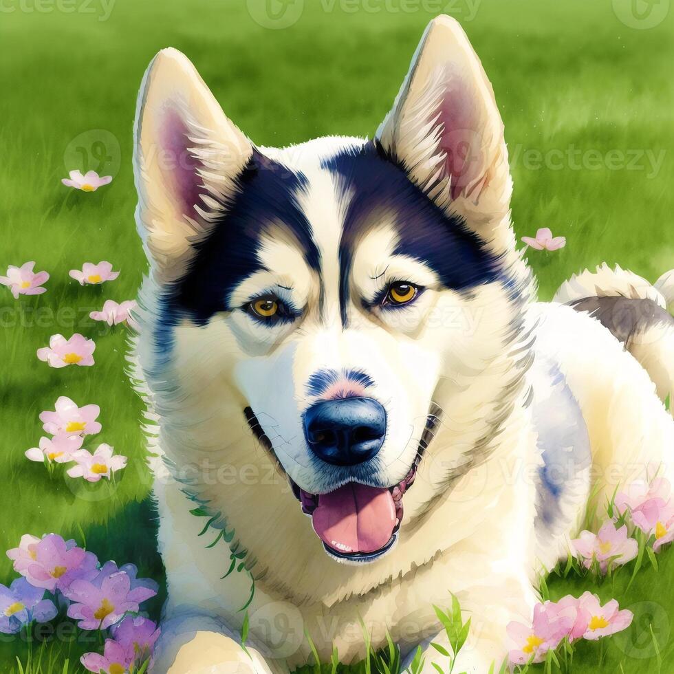 A beautiful Alaskan husky dog. Watercolor painting. Majestic Trails. photo