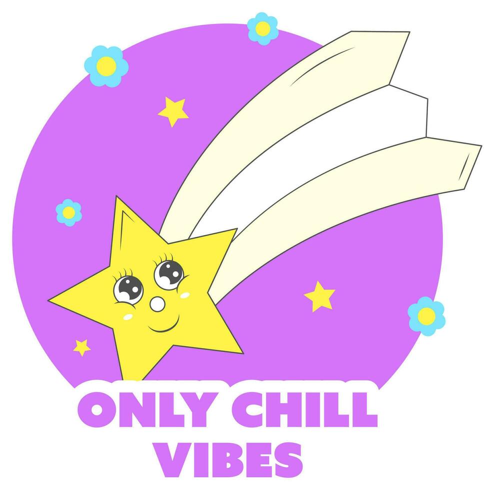 Only Chill Vibes Font With Funny Star, Flowers On Purple And White Background. vector
