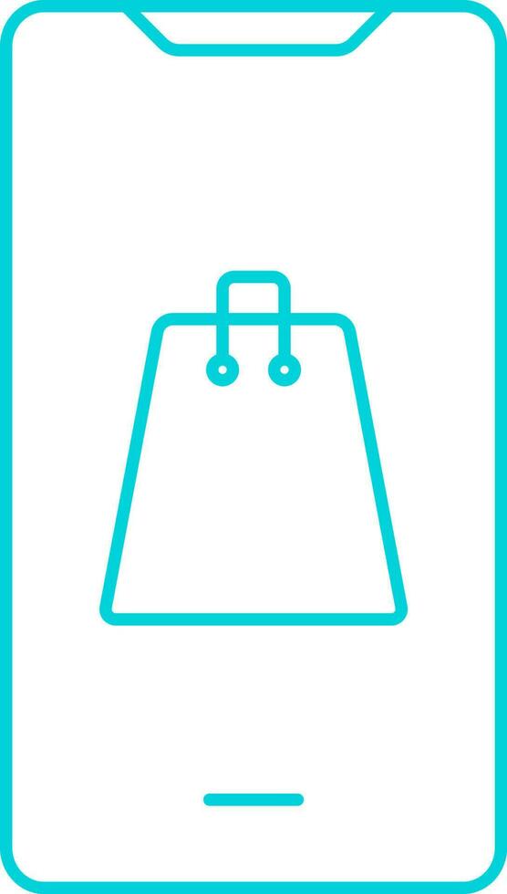 Turquoise Outline Shopping Bag In Smartphone For Online Icon. vector