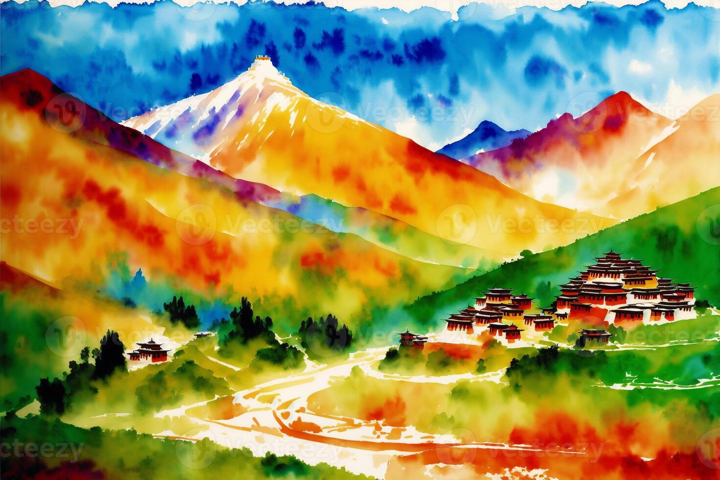 A watercolor town. Tibet. Enchanting Serenity, Watercolor Painting of a Tibetan Village. photo