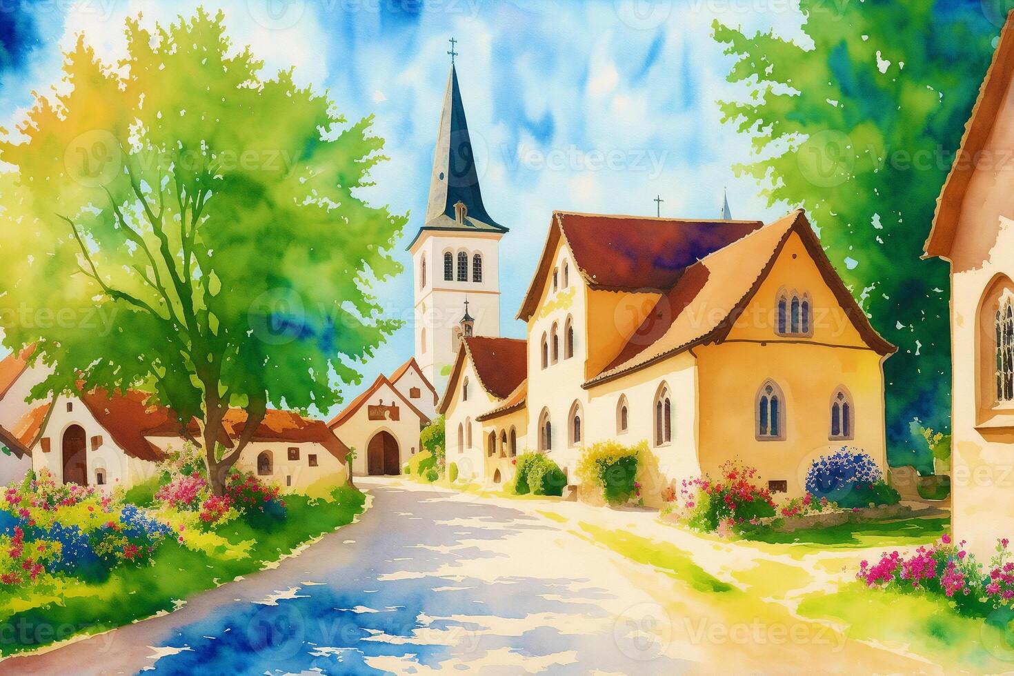 A watercolor town. Germany, Austria. Watercolor Painting of a German or Austrian Town. photo