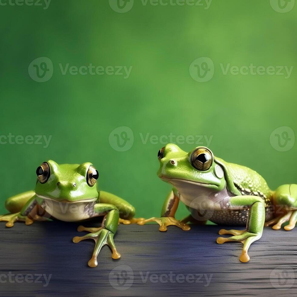 Two frogs are sitting on a wooden podium on a green background. photo