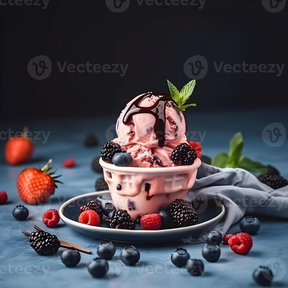 .Homemade ice cream with berries of blueberries and strwberr photo