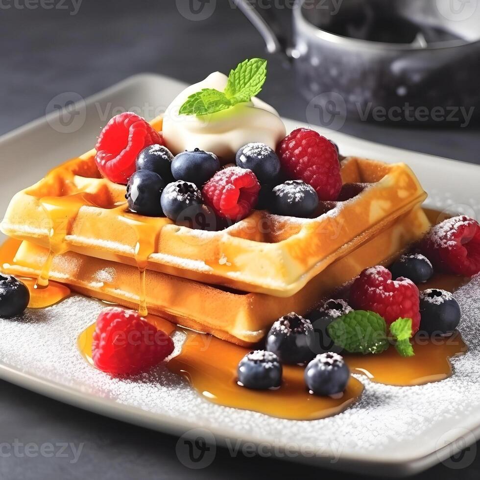 Viennese waffles with honey and fresh berries. photo