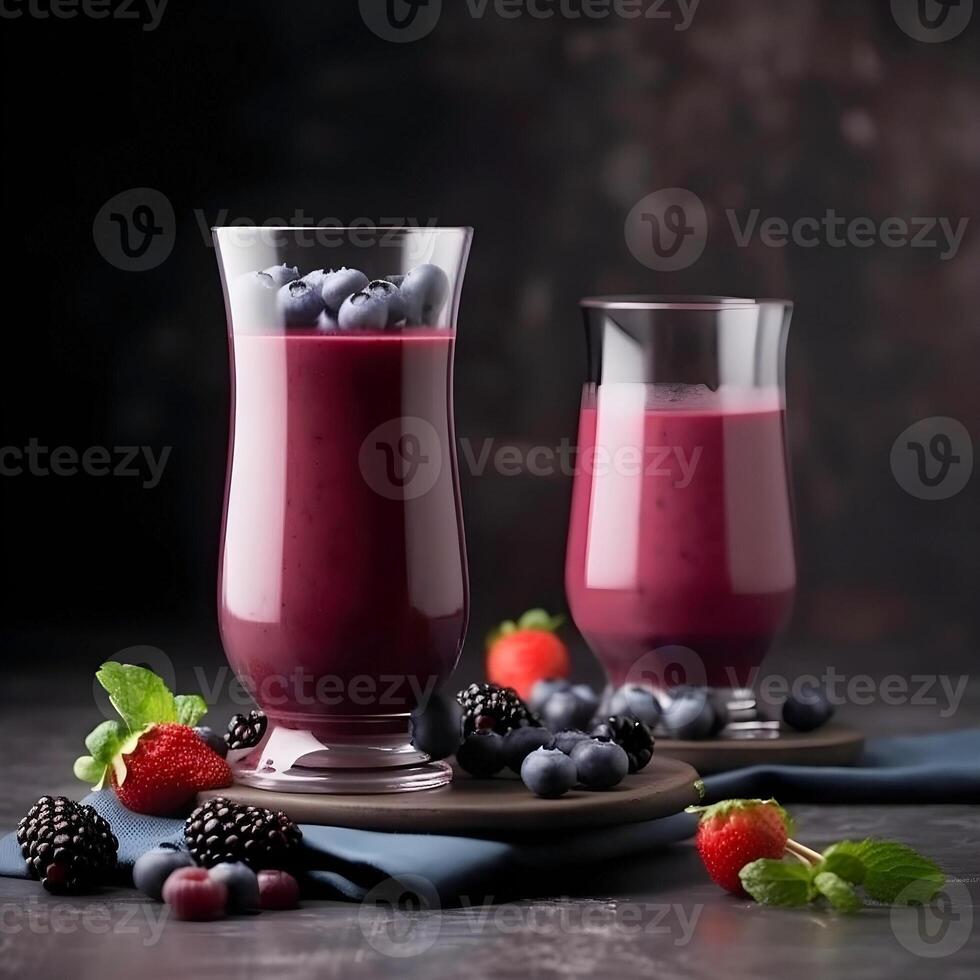 .Berries milkshake with blueberries and strawberries photo