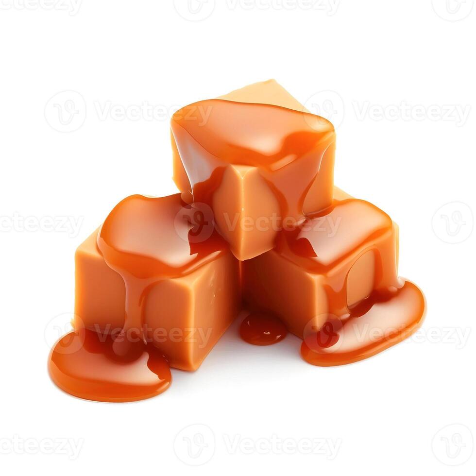 Caramel candy with caramel topping on white backgrounds. Healthy food ingredient. photo