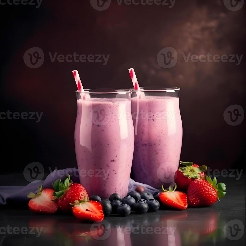Berry milkshake with blueberries and strawberries. photo