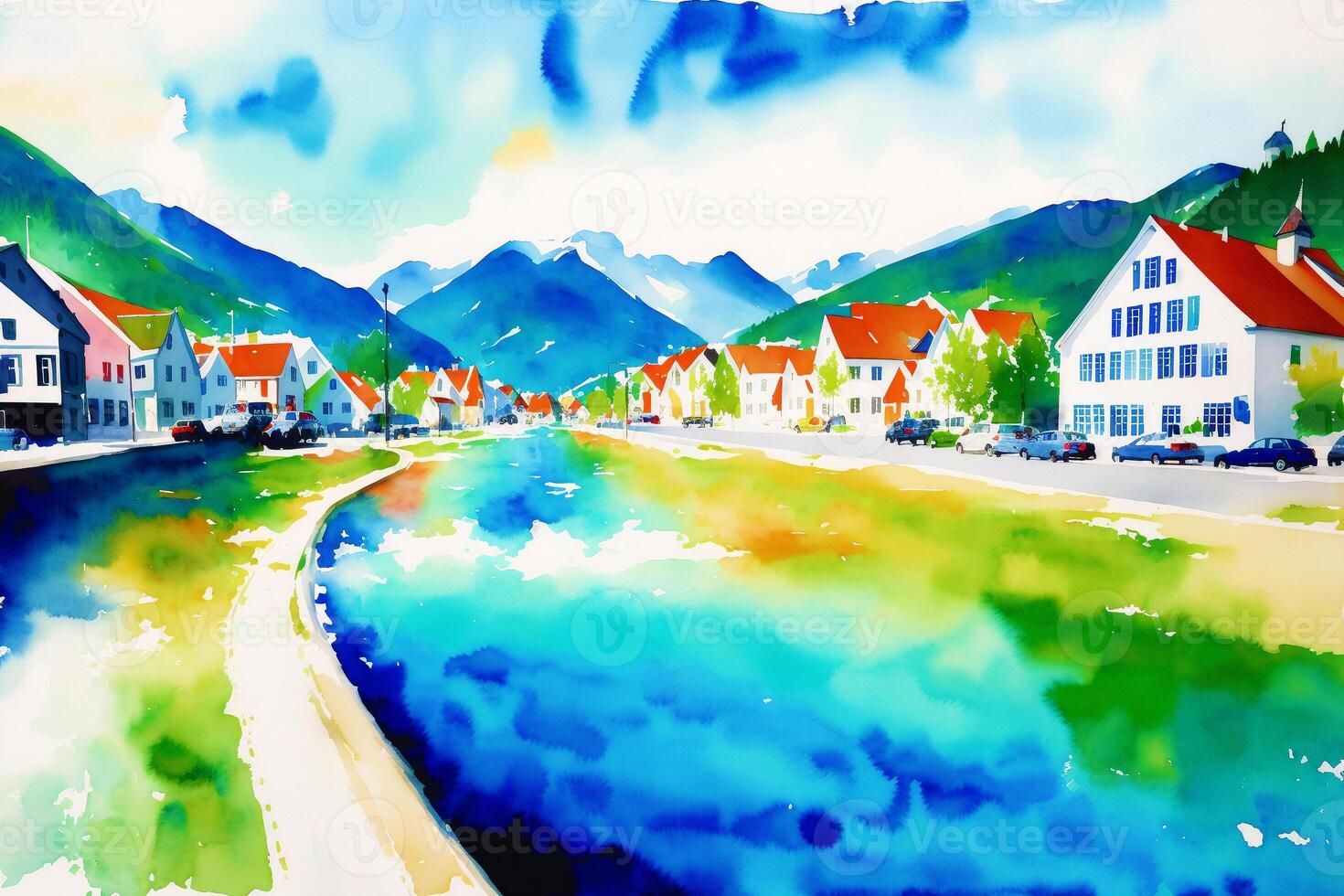 A watercolor town. Nordic Serenity, Watercolor Painting of a Scandinavian Town. photo