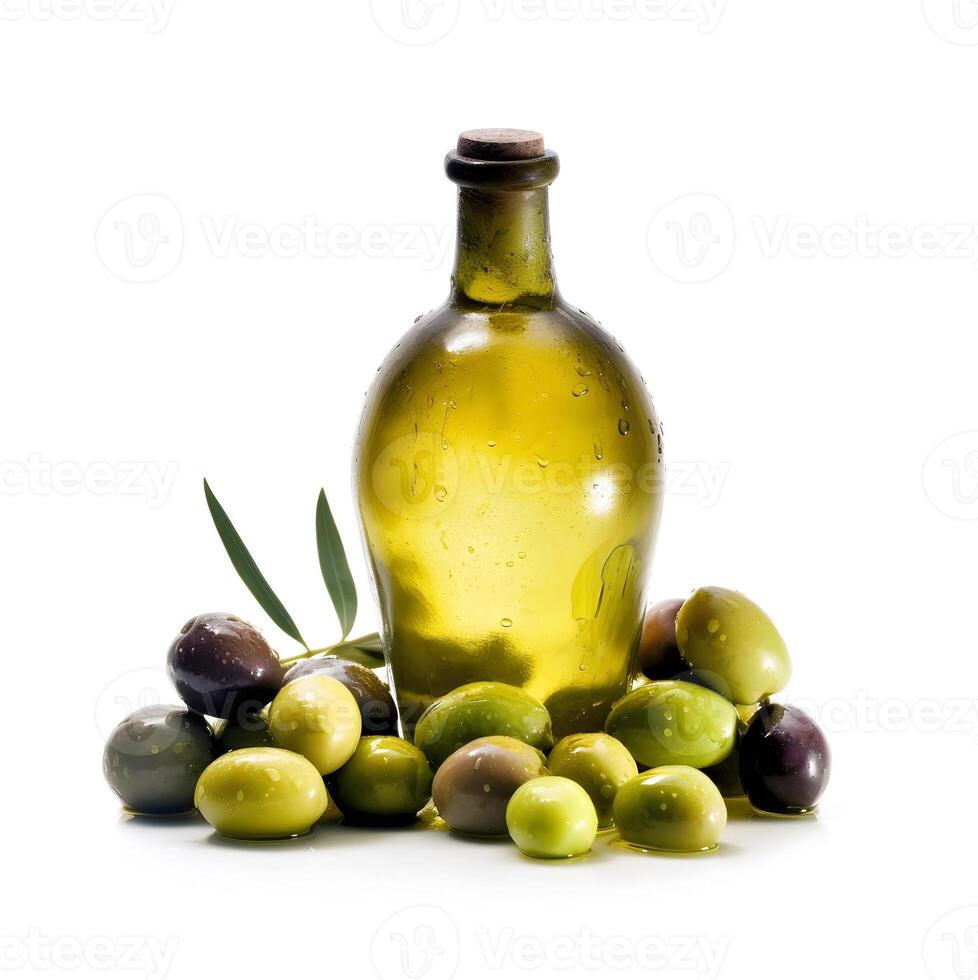 Bottle of olives oil and olives fruits on white backgrounds. Healthy food ingredient. Illustration. . photo