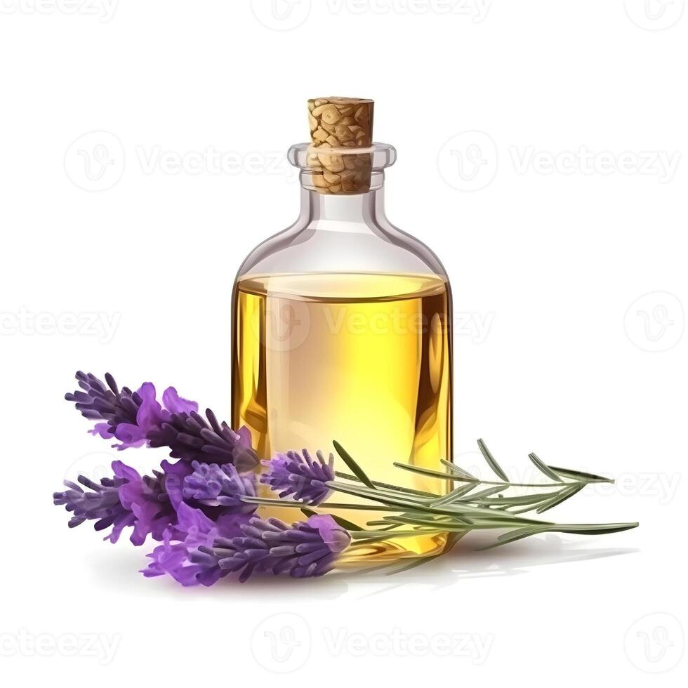 Bottle of essential oil and lavender herbal. photo