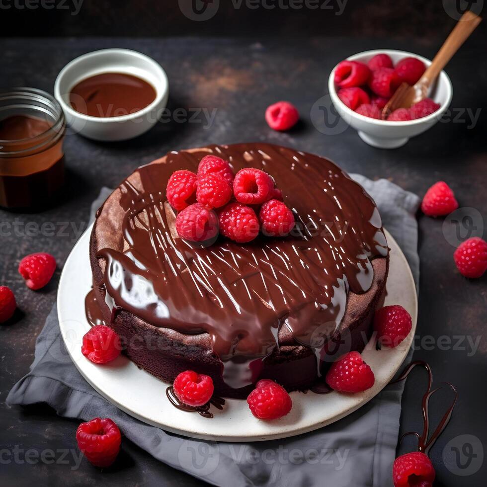 Chocolate cake with chocolate topping and raspberry berry. photo