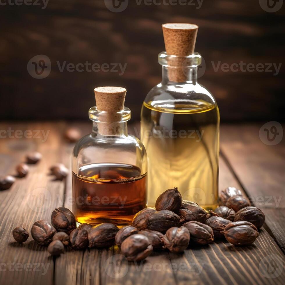 Bottle castor oil and castor seeds on wooden backgrounds. . Illustration photo
