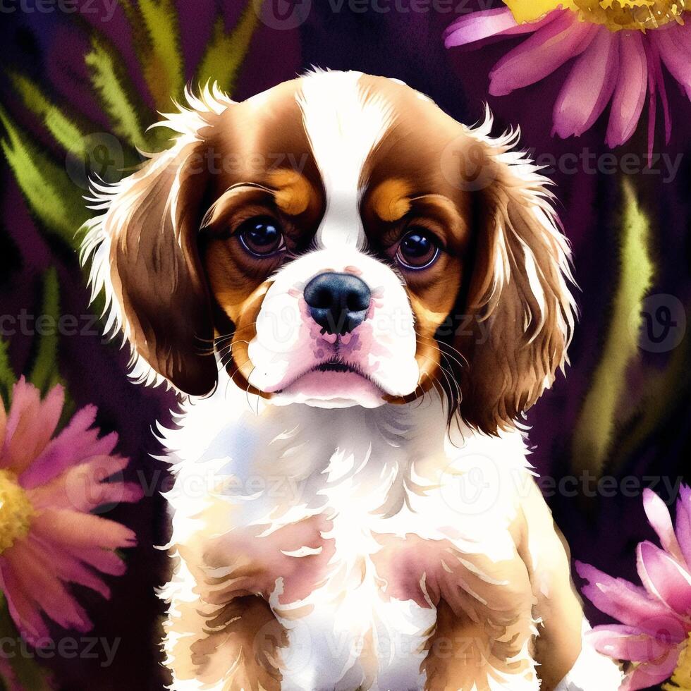 A beautiful Cavalier King Charles Spaniel dog. Watercolor painting. Graceful Elegance. photo