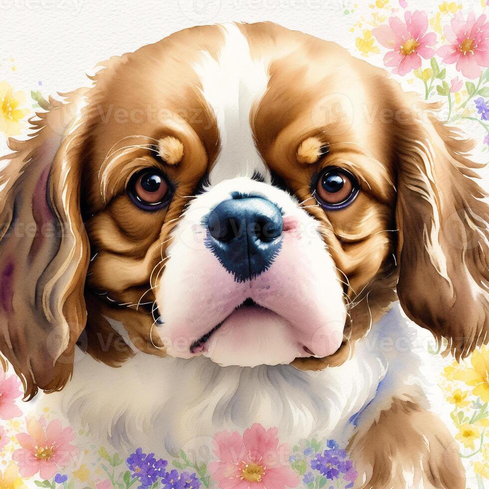 A beautiful Cavalier King Charles Spaniel dog. Watercolor painting. Graceful Elegance. photo