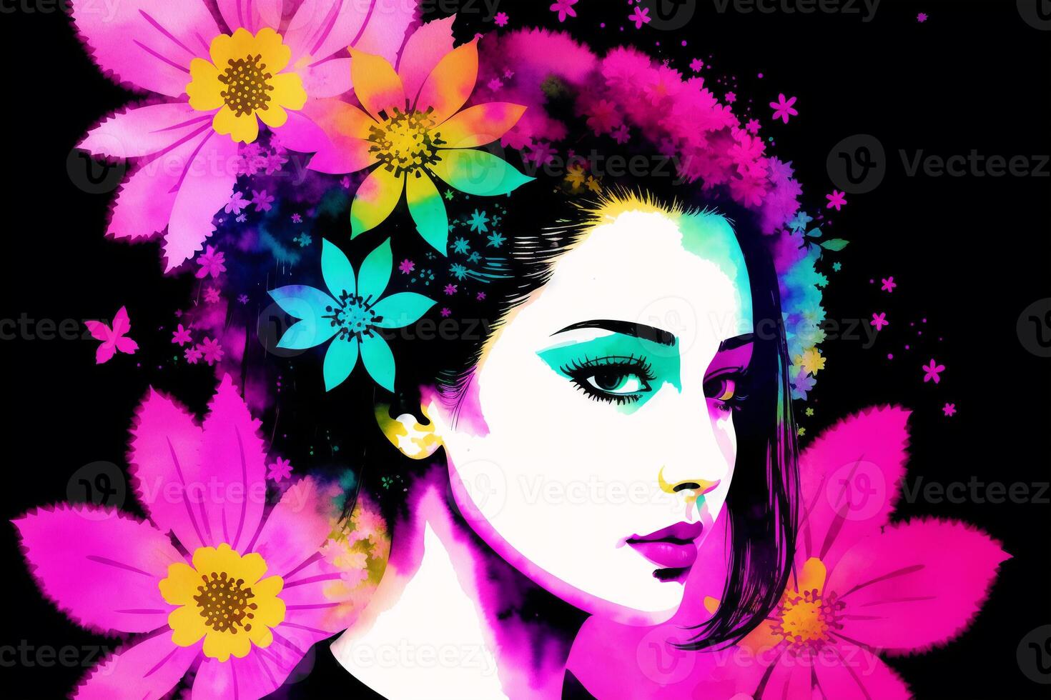 An illustration of a young woman with a colorful background and flowers. silhouette. Watercolor paint. photo