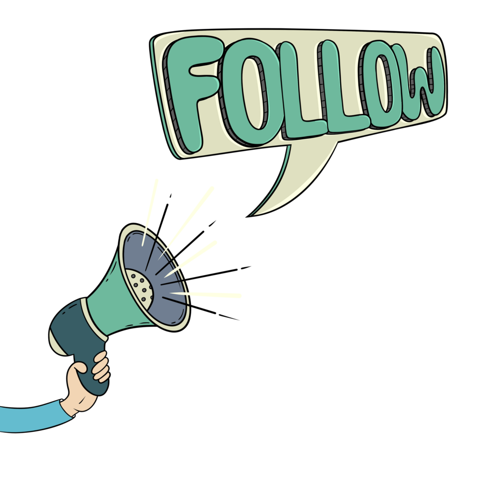 Follow Word on Speech Bubble, Hand Holding a Megaphone, Comic Retro Style png