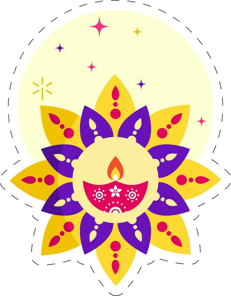 Happy Diwali Celebration Greeting Card With Rangoli, Lit Oil Lamp On Yellow And White Background. vector