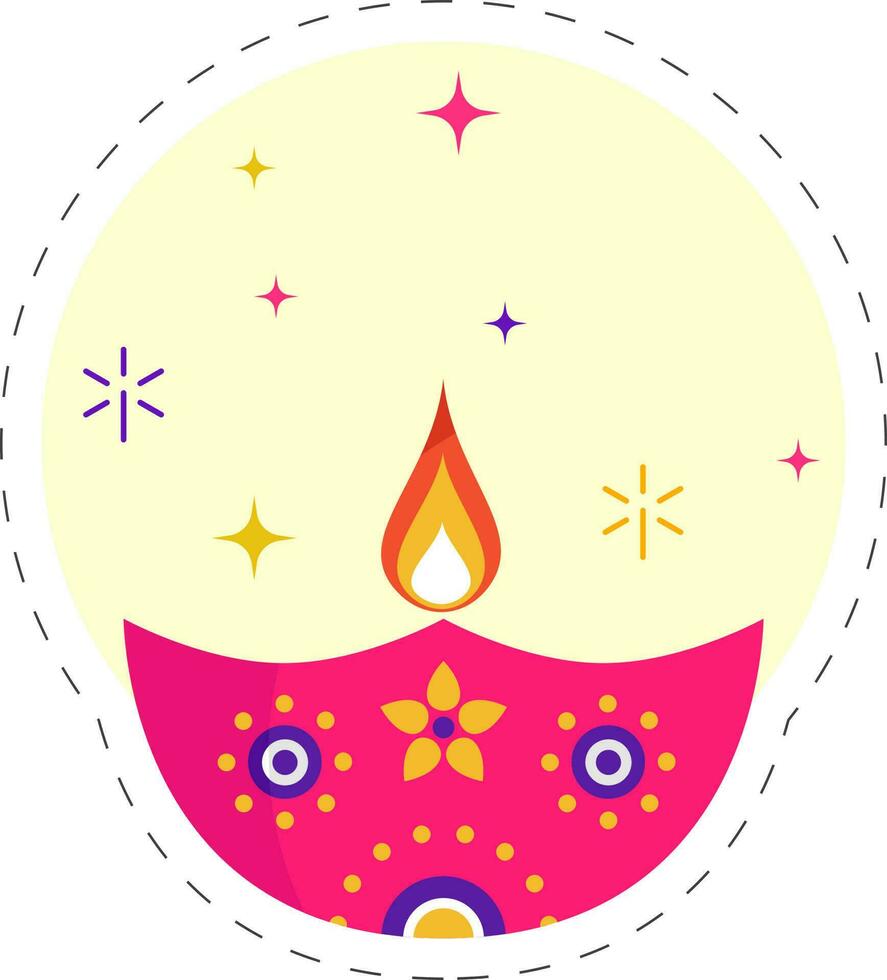 Happy Diwali Greeting Card With Lit Oil Lamp On Yellow And White Background. vector