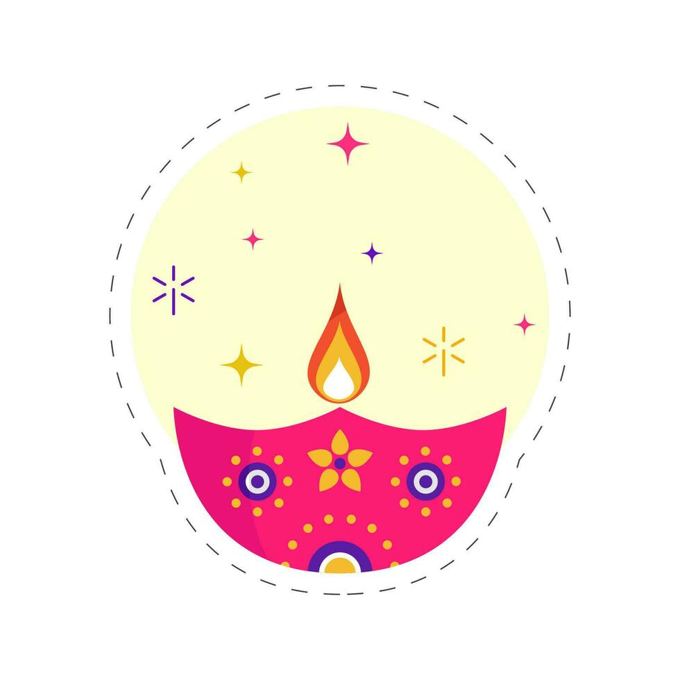 Happy Diwali Greeting Card With Lit Oil Lamp  On Yellow And White Background. vector