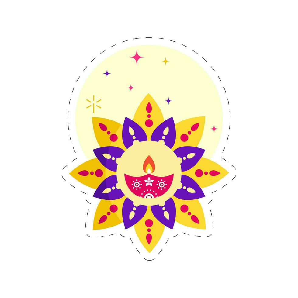 contento diwali celebracion saludo tarjeta con rangoli, iluminado petróleo lámpara en amarillo y blanco antecedentes. vector