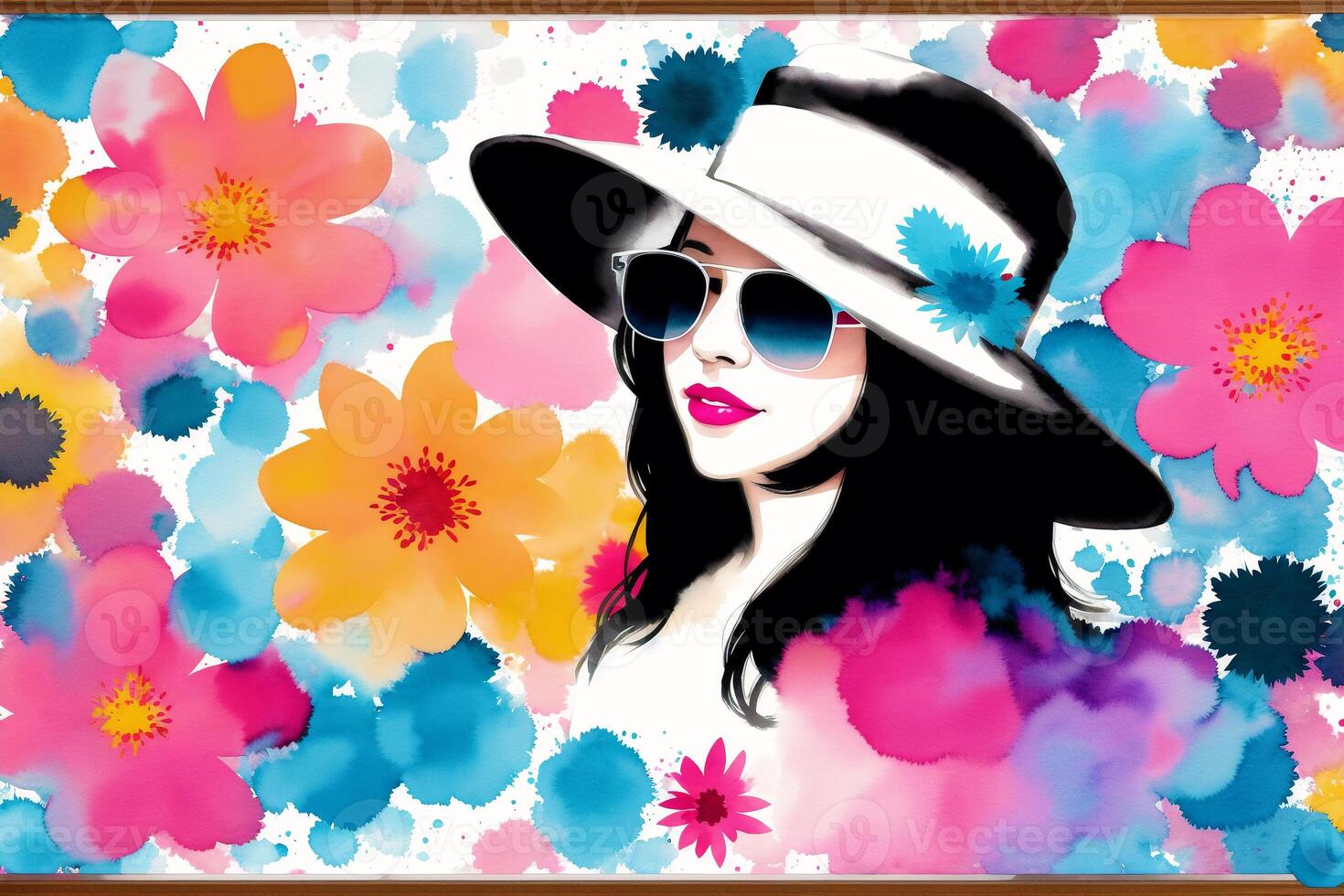 An illustration of a young woman with a colorful background and flowers. silhouette. Watercolor paint. photo