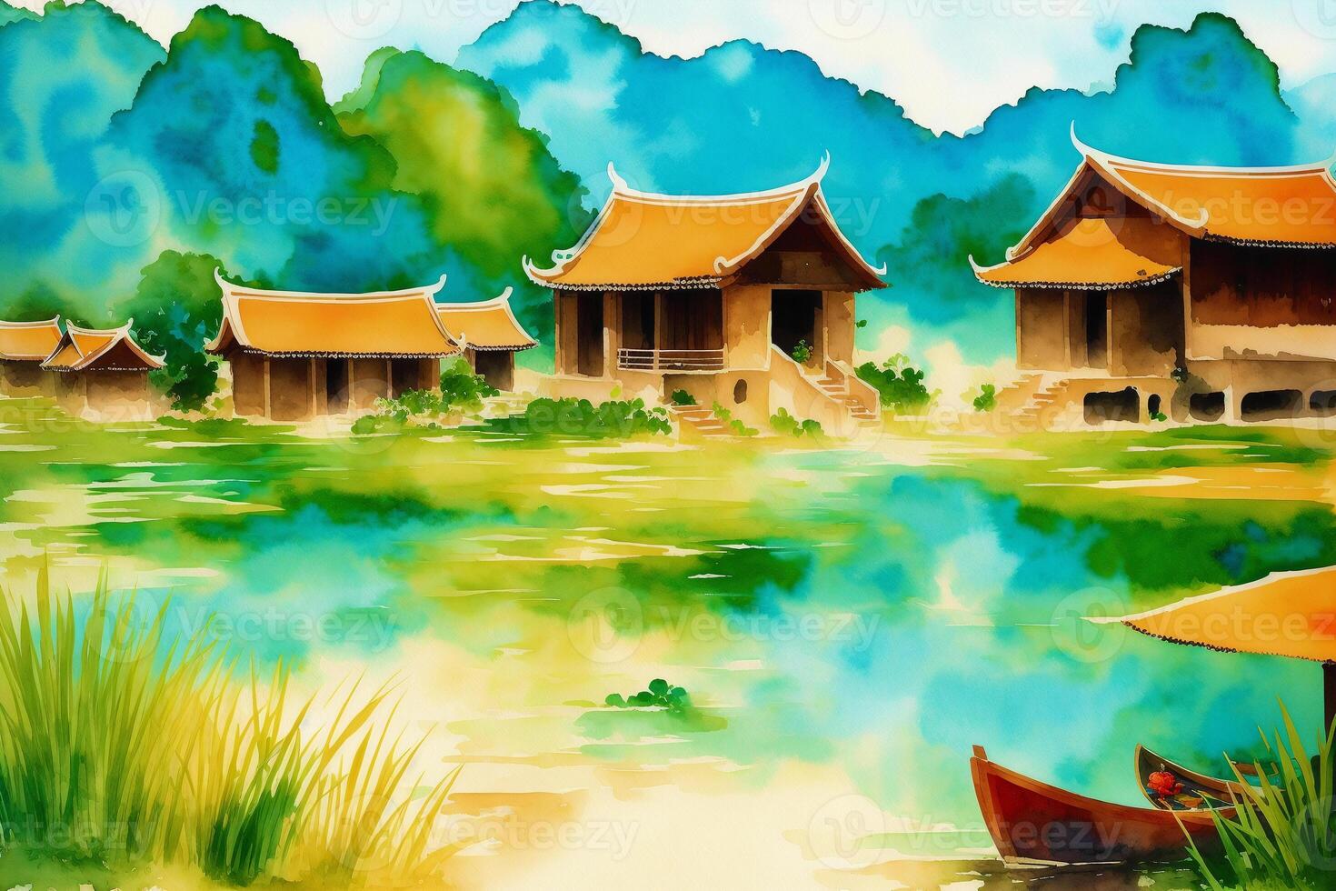 A chinese village. Watercolor Painting of a Tranquil Chinese Village. photo