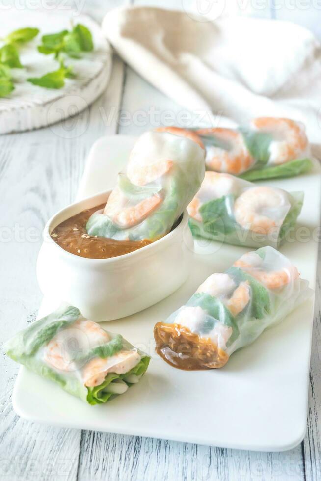 Shrimp rice paper rolls with peanut sauce photo