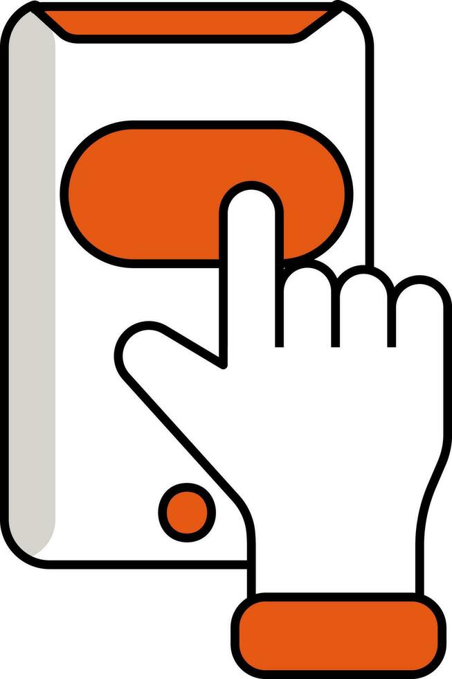 mano toque teléfono inteligente pantalla icono en naranja y blanco color. vector