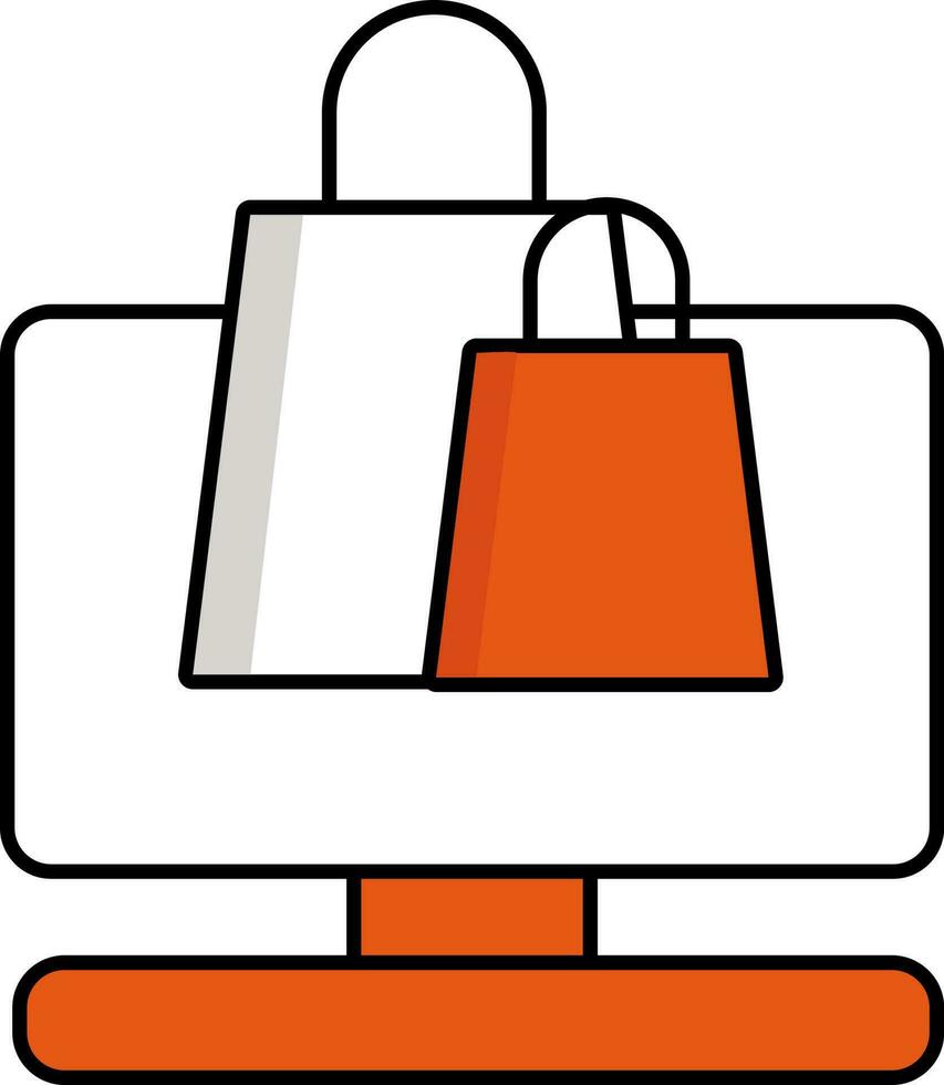 Shopping Bags With Monitor Icon In Orange And White Color. vector