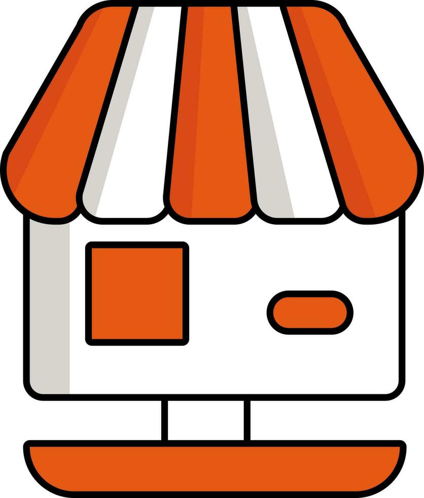 E-Shop Desktop Screen For Online Shopping Icon In Orange And White Color. vector