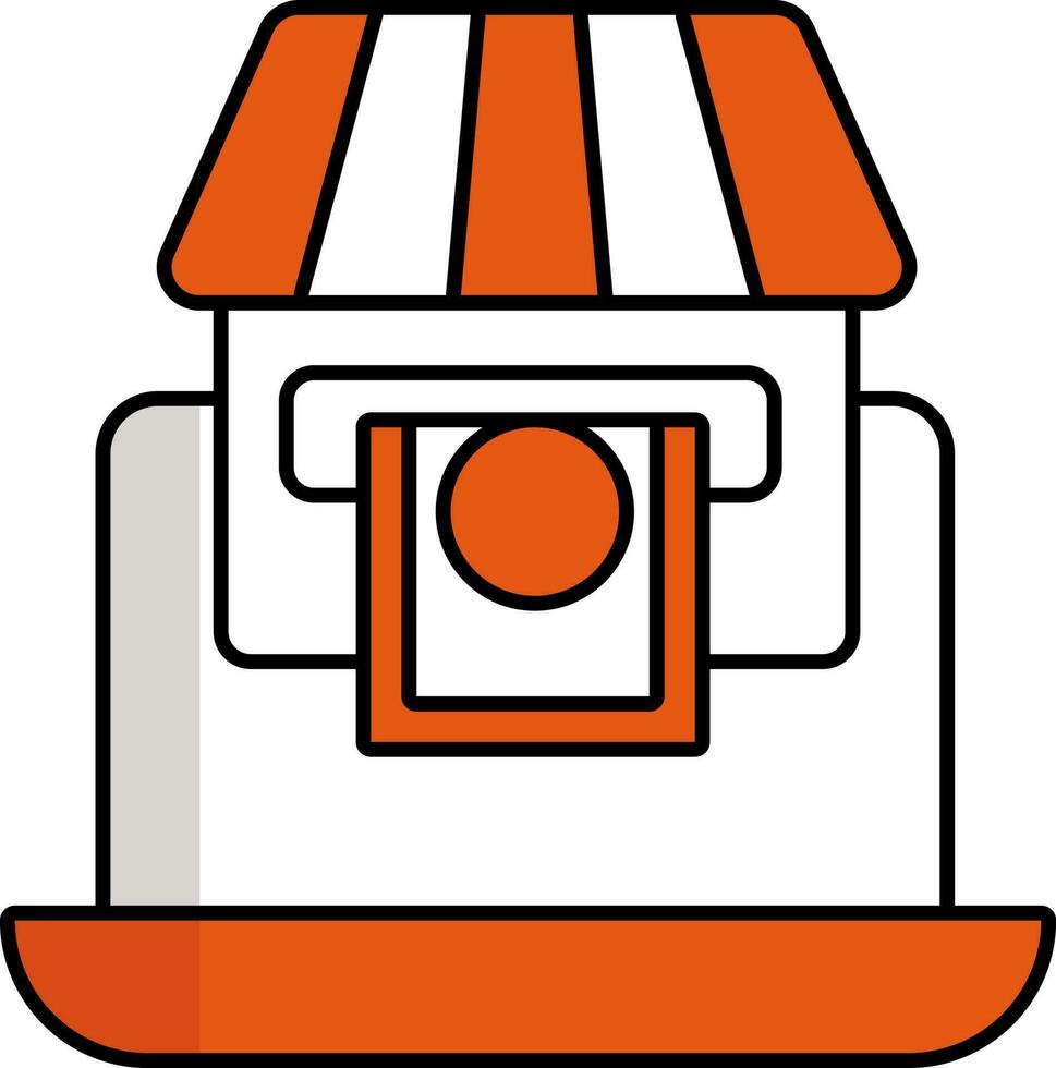 Banking Shop App In Laptop Orange And White Icon. vector