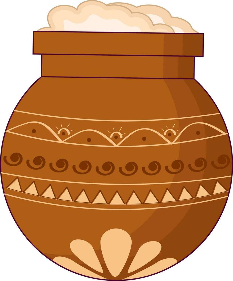 Rice Floral Traditional Pot Flat Icon In Brown Color. vector