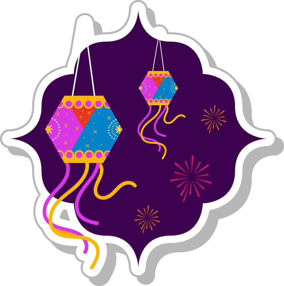 Sticker Style Lantern Hangover Firework Purple Background. vector