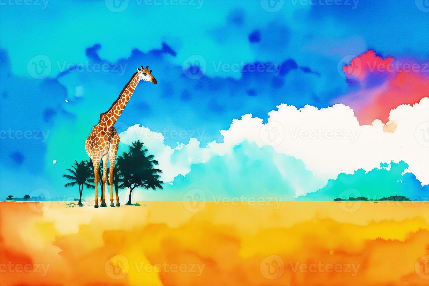 A colorful painting of a giraffe on abstract watercolor background. Watercolor paint. photo