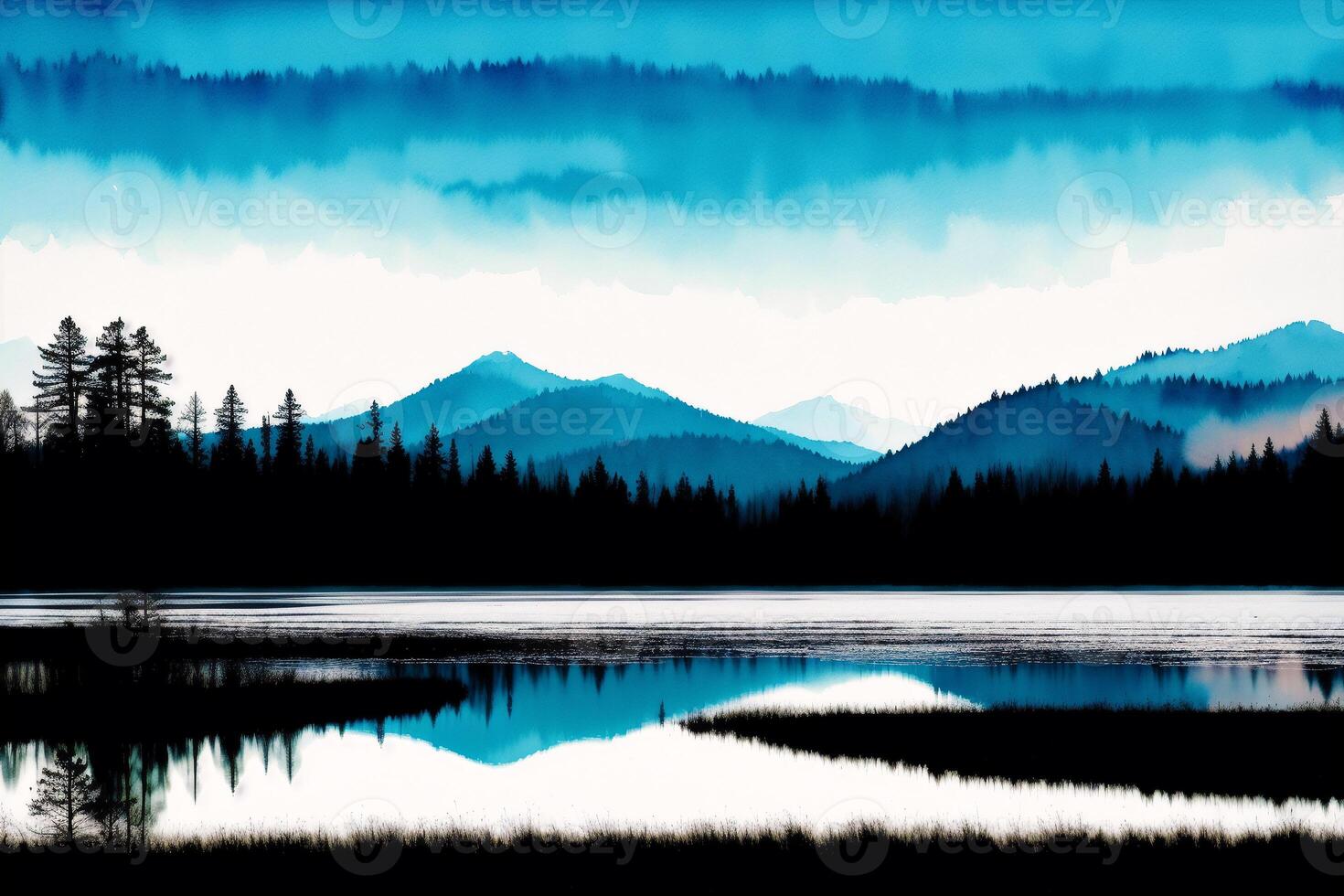 A painting of a lake on the watercolor background. Watercolor paint. Digital art, photo