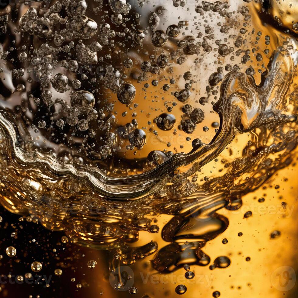 Abstract amber background, bokeh. Sparkling wine. The texture of the liquid. Stylish design of the certificate, cover, presentation. . photo