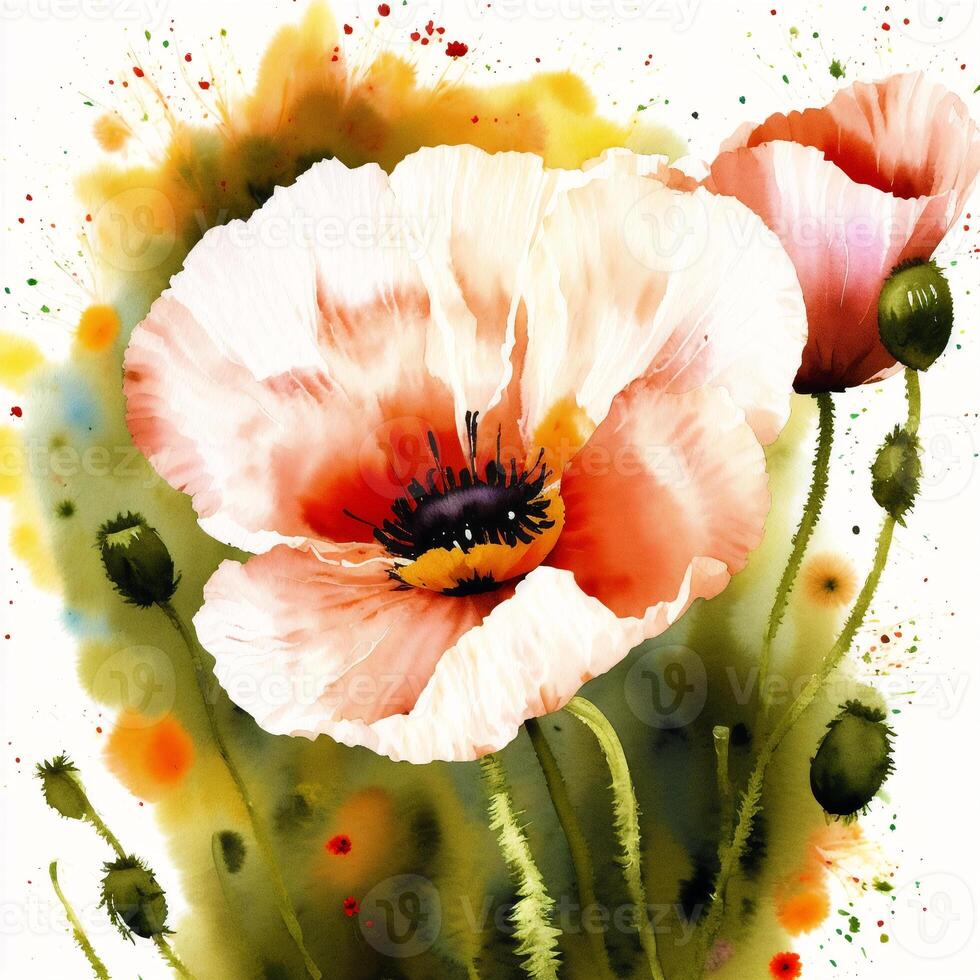 Summer concept. Beautiful watercolor Poppies. A radiant Poppies. Natures Beauty. photo